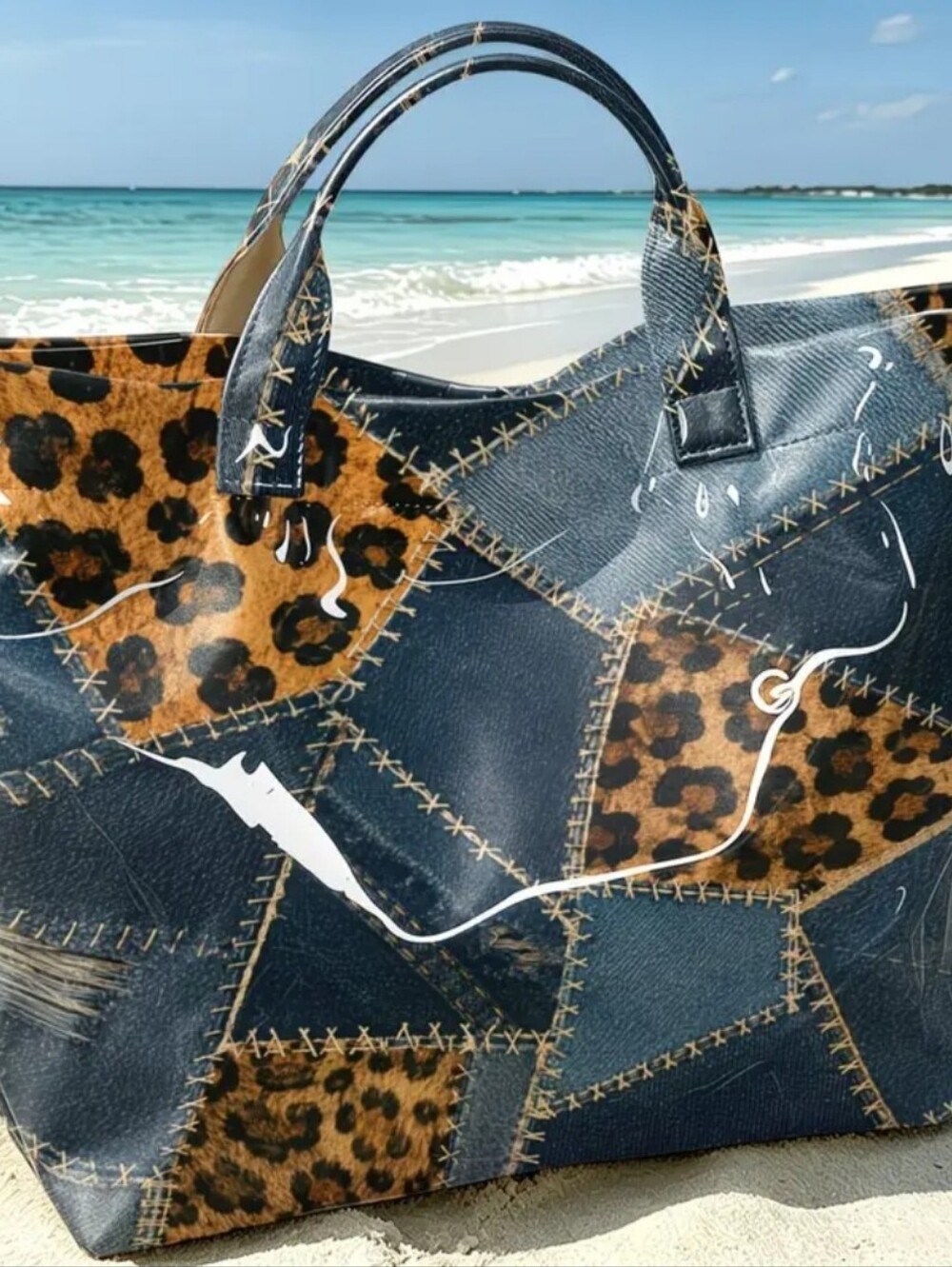 Safari Denim Patch Look PVC Tote Shoulder Bag - Picture 5 of 8